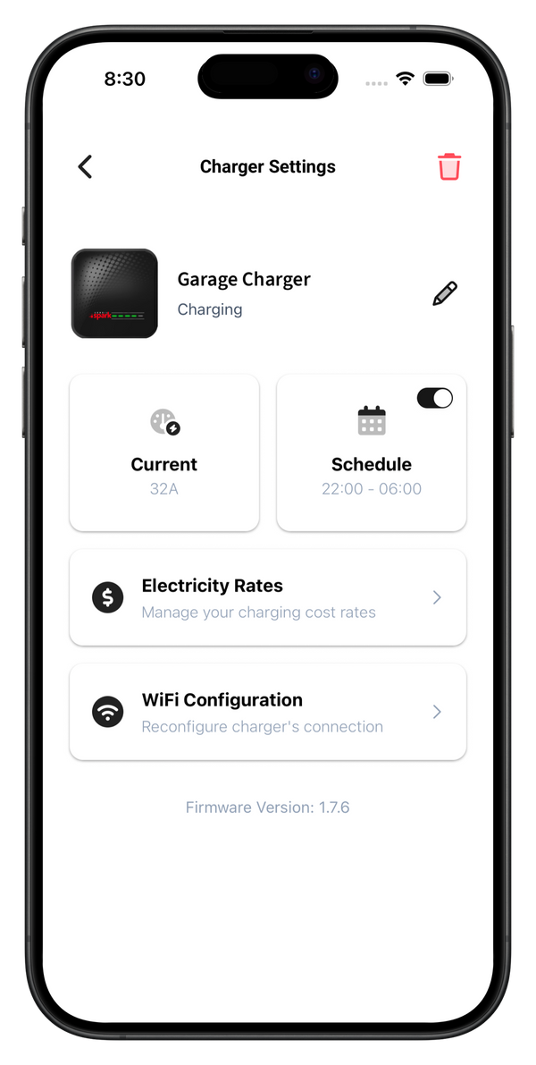 Spark App - charger controls screen