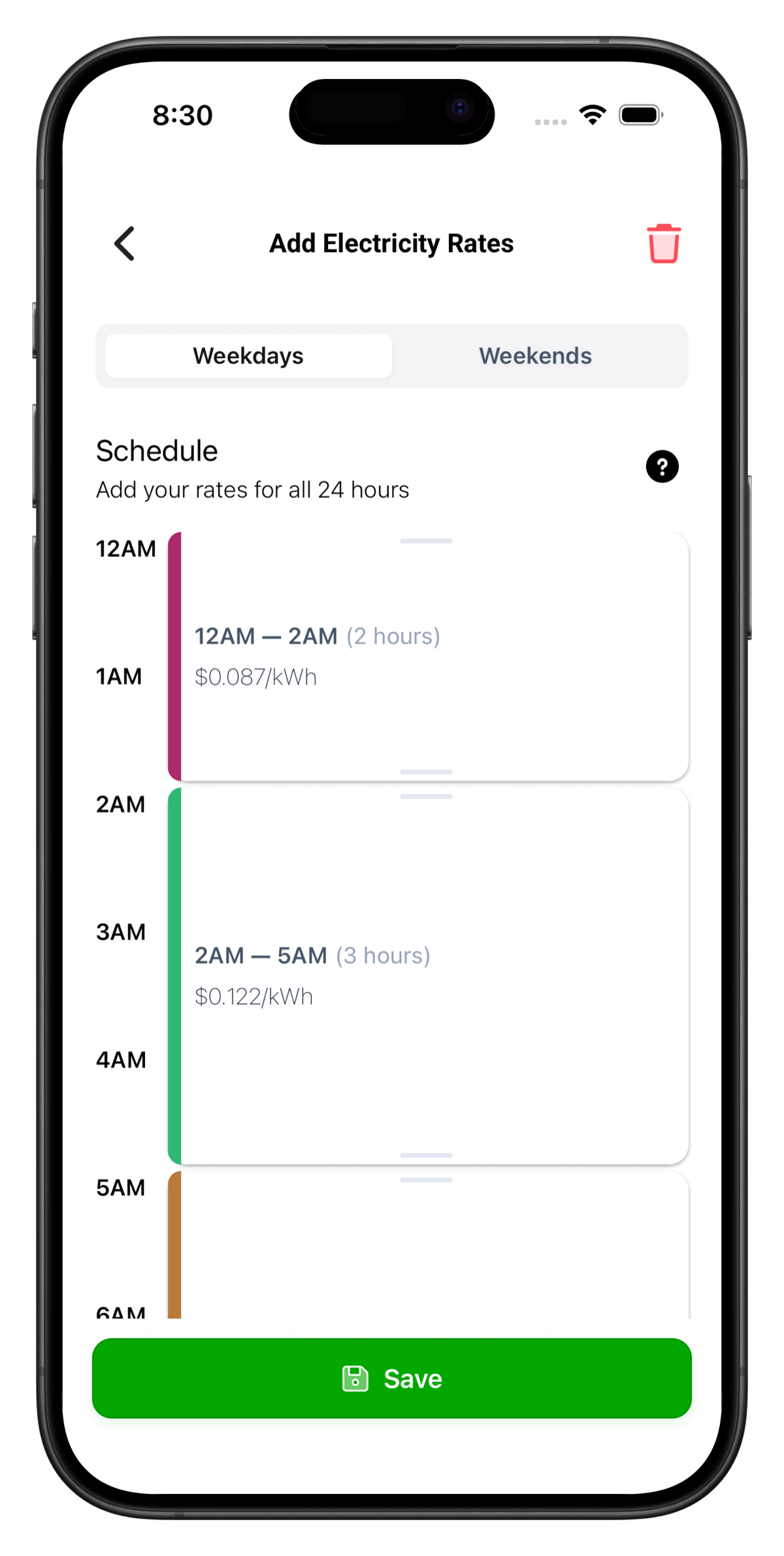 Spark App custom electricity rates screen