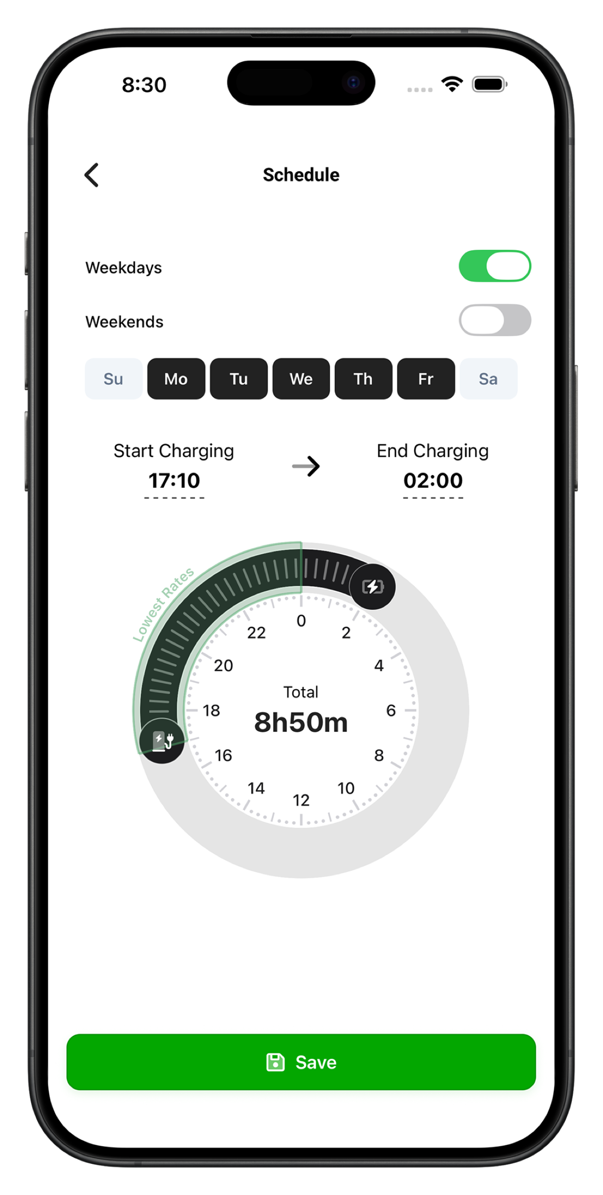 Spark App charging schedule screen